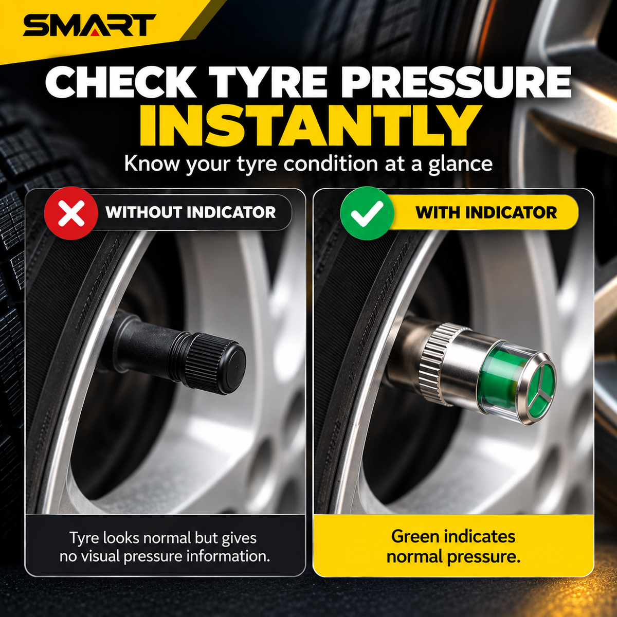 Smart Tyre Pressure Indicator Caps – 4 Piece Set for Car & Bike