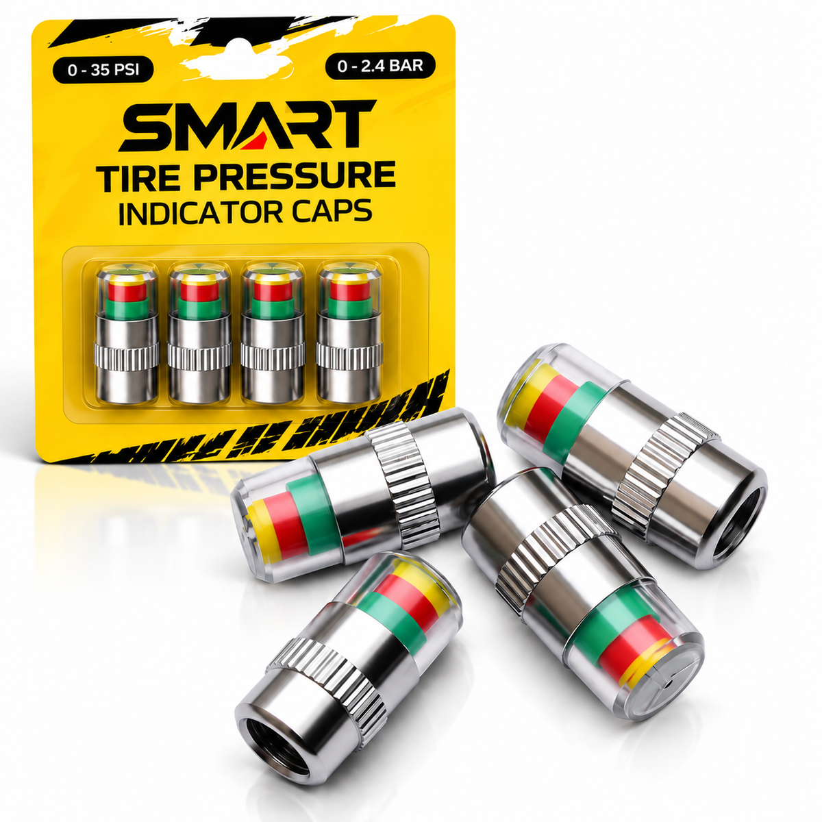 Smart Tyre Pressure Indicator Caps – 4 Piece Set for Car & Bike